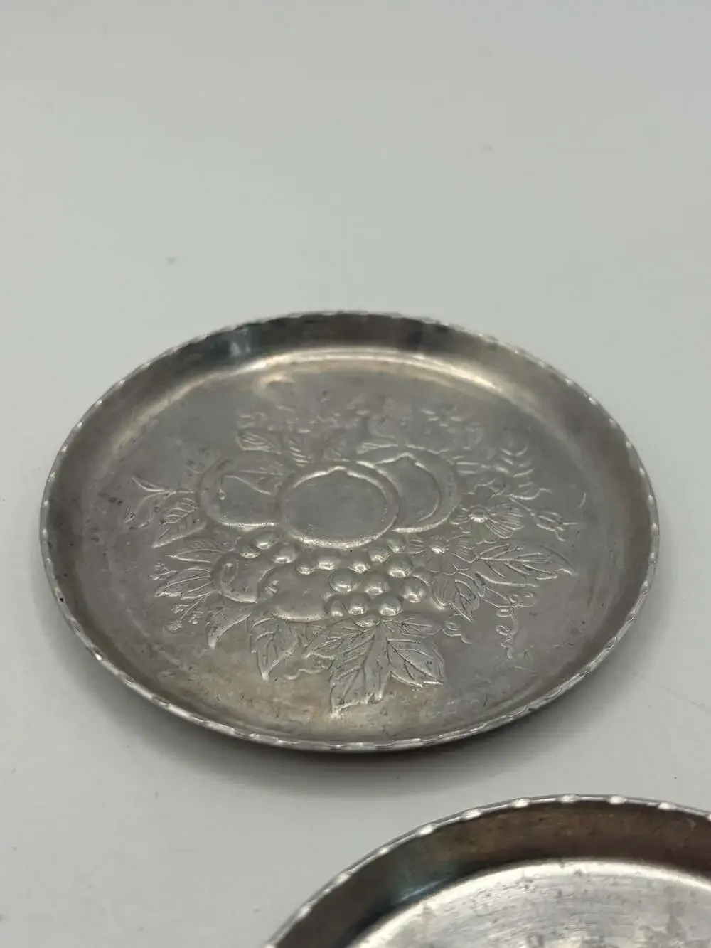 Set of 4 Vintage Embossed Aluminum Fruit Motif Coasters